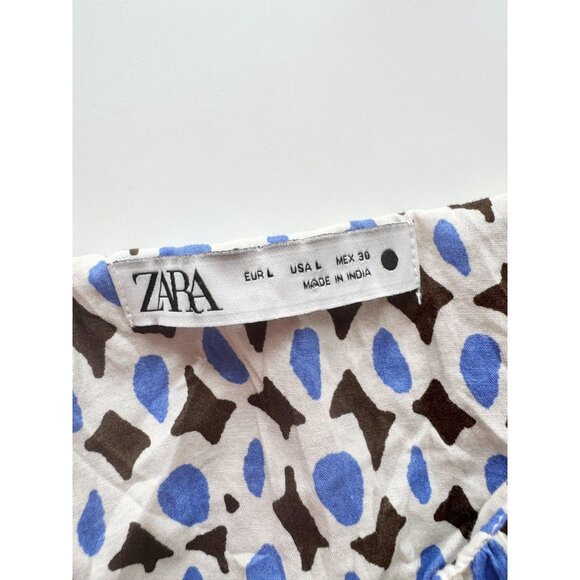 ZARA Blue Printed Cotton Voile Tiered A-Line Midi Dress, Size L - Picture 10 of 15